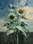 Schilderij van zonnebloem tegen de lucht in mint, in vlakke kleurvlakken