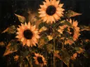 Schilderij van zonnebloem tegen de lucht in perzik, in vlakke kleurvlakken