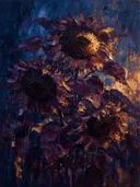 Schilderij van zonnebloem van dichtbij in aubergine, in vlakke kleurvlakken