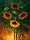 Zonnebloem van dichtbij in bosgroen, schilderij van zonnebloem aan de oever