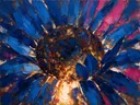 Schilderij van zonnebloem van dichtbij in kobaltmagenta, in vlakke kleurvlakken