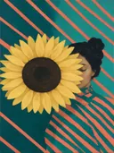 Schilderij van zonnebloem van dichtbij in petrol en koraal, in vlakke kleurvlakken