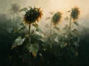 Schilderij van zonnebloem van dichtbij in saliegrijs, in vlakke kleurvlakken