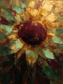 Schilderij van zonnebloem van dichtbij in wijnmint, in vlakke kleurvlakken