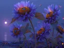 Schilderij van paarse zonnebloemen aan zee onder een volle maan