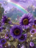 Schilderij van zonnebloemen met bergen en een regenboog op de achtergrond