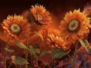 Schilderij van oranje zonnebloemen met pauwveren bij een vulkaankrater