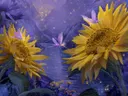 Schilderij van zonnebloemen bij een rivier met lichtwezens in de schemering