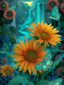 Schilderij van zonnebloemen bij een turquoise waterval met vlinders