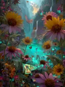 Zonnebloemen bij de watervallen, botanisch schilderij