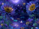 Schilderij van paarse zonnebloemen met vlinders bij een vijver onder volle maan