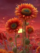 Schilderij van zonnebloemen bij een rode zonsondergang