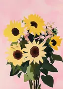 Zonnebloemen boeket op roze, botanisch schilderij