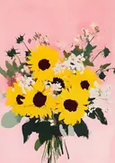 Zonnebloemen boeket variant, schilderij van een zonnebloemenboeket op roze achtergrond