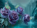 Schilderij van vlinders tussen paarse zonnebloemen bij een waterval