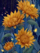 Schilderij van gele zonnebloemen met gouden sterrenregen op een blauwe achtergrond