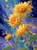 Schilderij van zonnebloemen tegen een sterrenhemel met gouden accenten