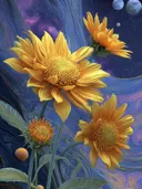 Schilderij van zonnebloemen tegen een kosmische sterrennevel met manen