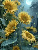 Schilderij van gele zonnebloemen in een maanverlicht woud met vlinders
