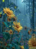 Schilderij van gloeiende zonnebloemen in een mistig sprookjesbos bij maanlicht