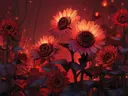 Schilderij van zonnebloemen die oplichten in een rode gloed