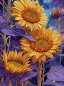Schilderij van gele zonnebloemen tegen een kosmische sterrenhemel