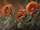 Schilderij van zonnebloemen bij rotsen met een lavarivier