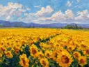 Schilderij van zonnebloemen onder een blauwe hemel met bergen