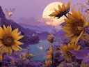 Schilderij van zonnebloemen bij een bergdal onder een volle maan