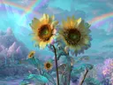 Schilderij van gouden zonnebloemen met een dubbele regenboog en bergen