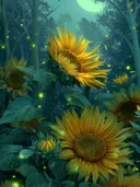 Schilderij van zonnebloemen onder een groen gloeiende maan met vuurvliegjes
