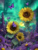 Schilderij van zonnebloemen en paarse bloemen onder het noorderlicht met bergen