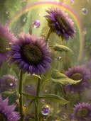 Schilderij van paarse zonnebloemen met een regenboog en zeepbellen