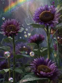 Schilderij van zonnebloemen met een regenboog en lichtbellen in een bos