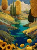 Schilderij van zonnebloemen bij een rivier met gouden bomen en cipressen onder een sterrenhemel