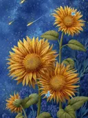 Schilderij van gele zonnebloemen met vallende sterren en vlinders