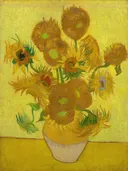 Zonnebloemen van Vincent van Gogh: bloemen met zonnebloemen, vaas, boeket en tafel, in geel op geel