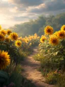 Schilderij van een pad tussen bloeiende zonnebloemen