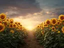 Pad door zonnebloemenveld bij zonsondergang, schilderij van een zonnebloemenveld bij zonsondergang
