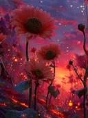 Schilderij van een zonnebloemenveld bij een dramatische zonsondergang