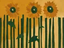 Schilderij van zonnebloemenveld in amber en flessengroen, in vlakke kleurvlakken