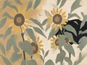 Schilderij van zonnebloemenveld in camel en ivoor, in vlakke kleurvlakken
