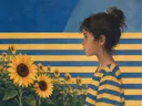 Schilderij van zonnebloemenveld in delfsblauw en mosterd, in vlakke kleurvlakken