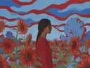 Schilderij van zonnebloemenveld in hemelblauw en klaproosrood