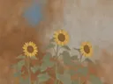Schilderij van zonnebloemenveld in kaneel en duifgrijs, in vlakke kleurvlakken