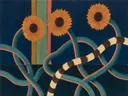 Schilderij van zonnebloemenveld in petrol en koraal, in vlakke kleurvlakken