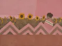Schilderij van zonnebloemenveld in poederroze en bruin