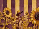 Schilderij van zonnebloemenveld in pruim en mosterd, in vlakke kleurvlakken