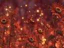 Schilderij van een veld zonnebloemen in rode gloeiende schemering