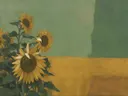 Schilderij van zonnebloemenveld in salie en oker, in vlakke kleurvlakken
